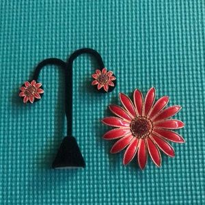 Vintage Coro Red Enamel Flower Clip on Earrings and Unmarked Red Enamel Brooch